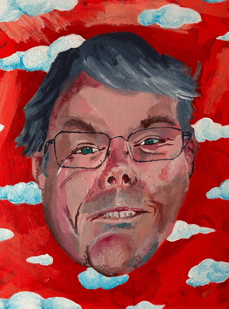 painting of a mans head floating in the clouds